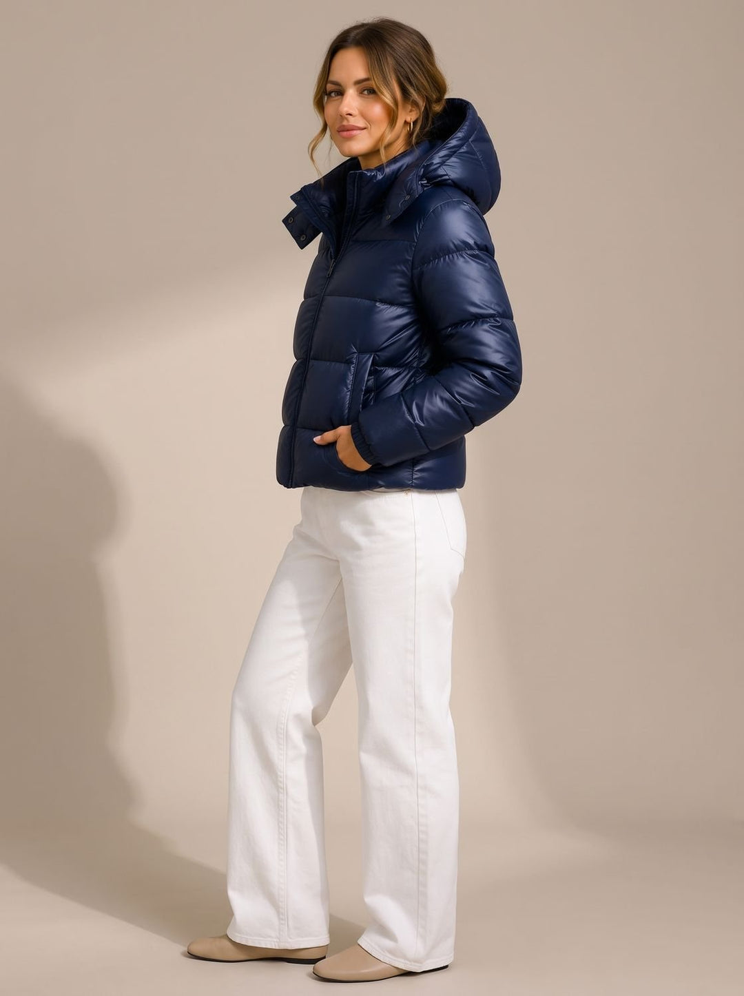 Women's Hooded Glossy Quilted Puffer Jacket - Navy