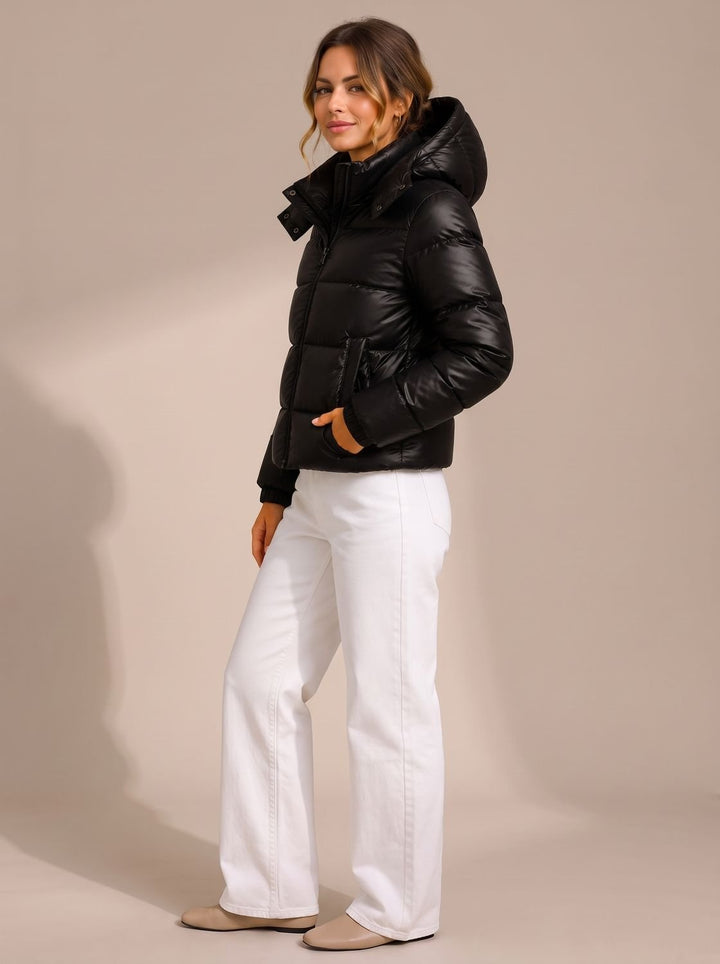 Women's Hooded Glossy Quilted Puffer Jacket - Black