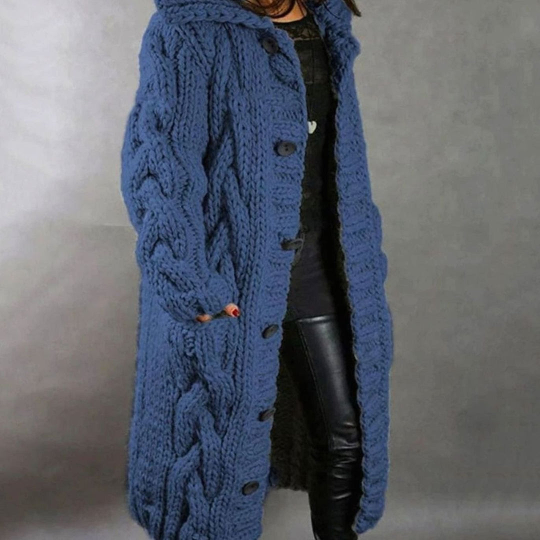 Women's Hooded Long Cable Knit Cardigan Button-Front Cozy Sweater Coat - Blue