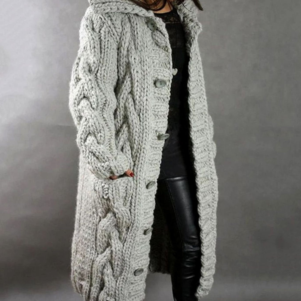 Women's Hooded Long Cable Knit Cardigan Button-Front Cozy Sweater Coat - Silver Grey