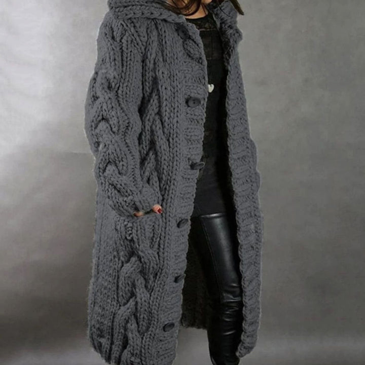 Women's Hooded Long Cable Knit Cardigan Button-Front Cozy Sweater Coat - Dark Grey