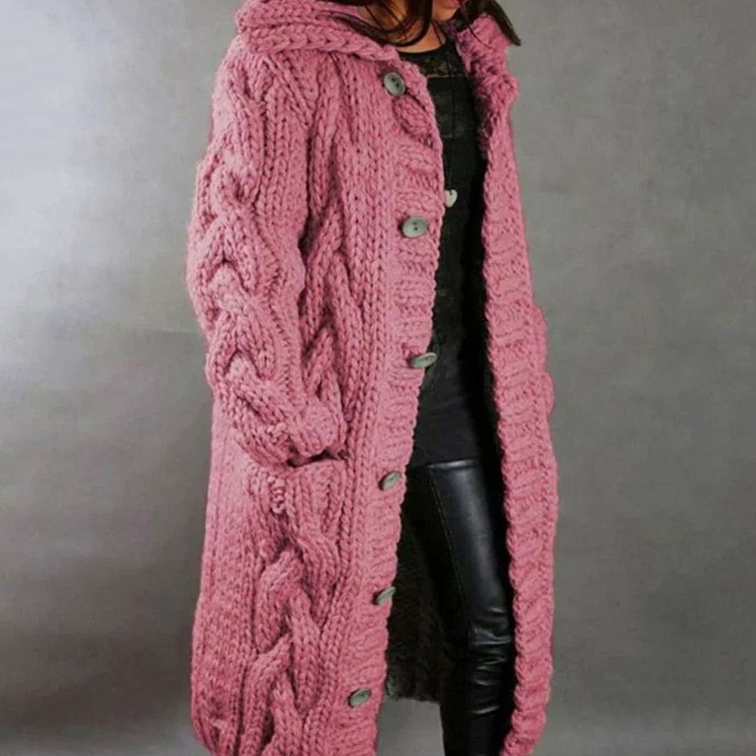 Women's Hooded Long Cable Knit Cardigan Button-Front Cozy Sweater Coat - Pink
