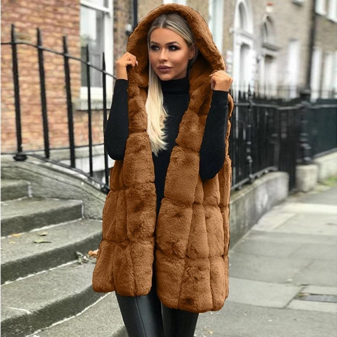 Women's Hooded Long Quilted Faux Fur Gilet Vest - Brown
