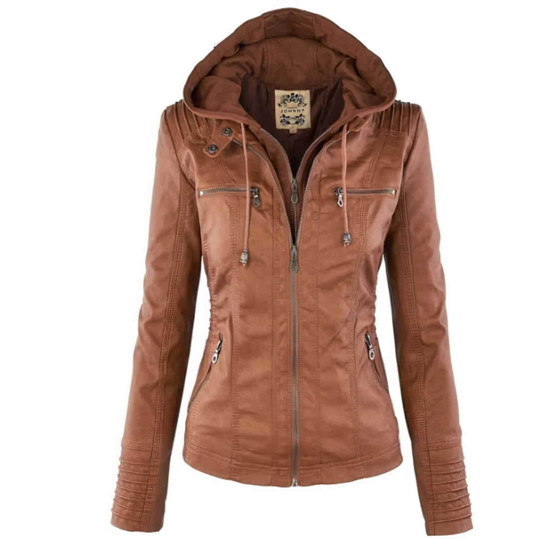Women's Hooded Moto Faux Leather Jacket Removable Hood - Brown