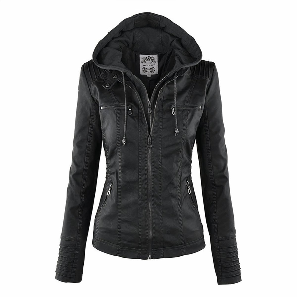 Women's Hooded Moto Faux Leather Jacket Removable Hood - Black