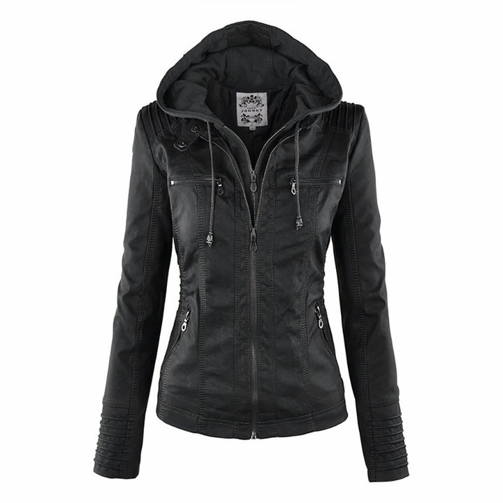 Women's Hooded Moto Faux Leather Jacket Removable Hood - Black