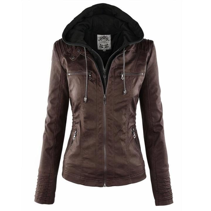 Women's Hooded Moto Faux Leather Jacket Removable Hood - Dark Brown