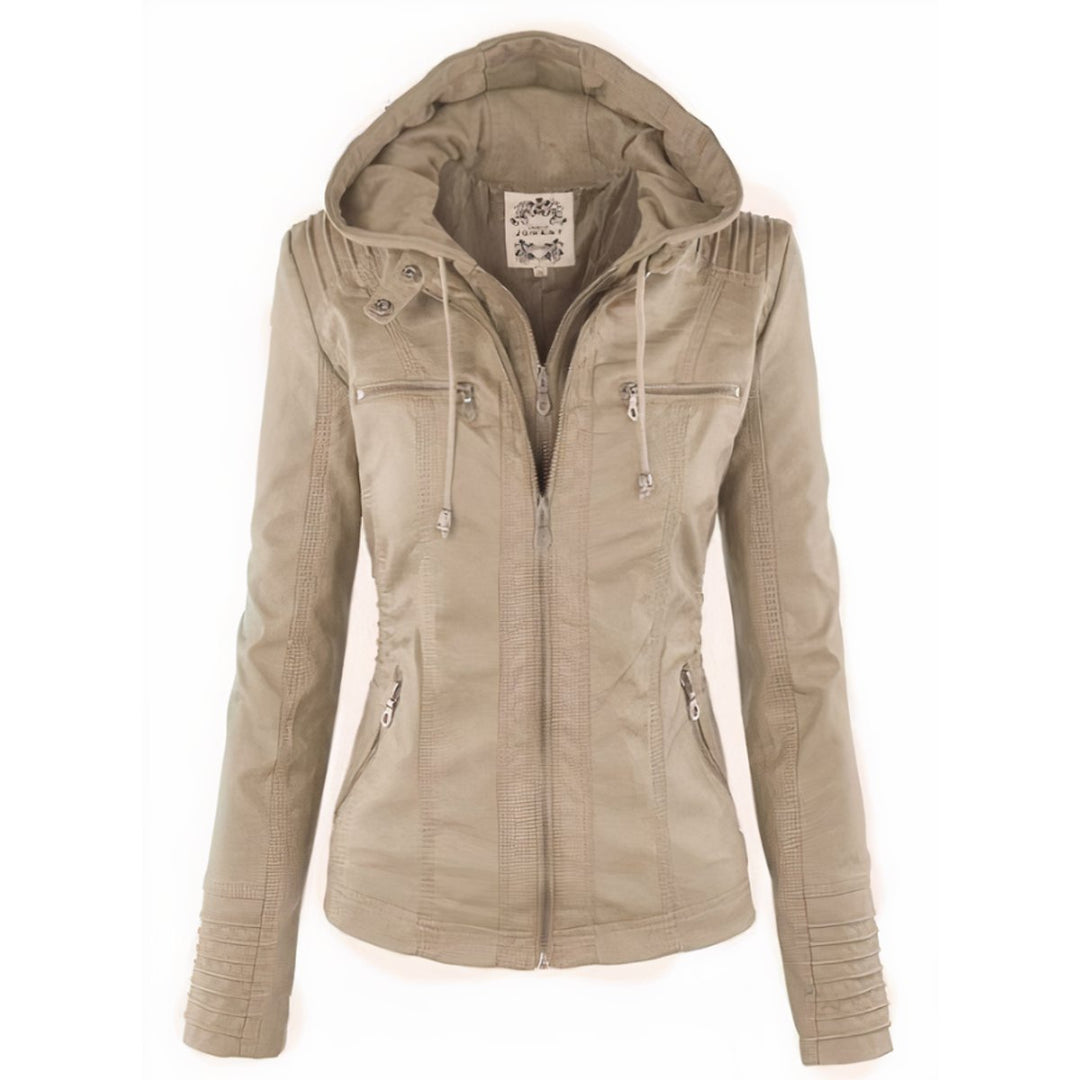 Women's Hooded Moto Faux Leather Jacket Removable Hood - Beige