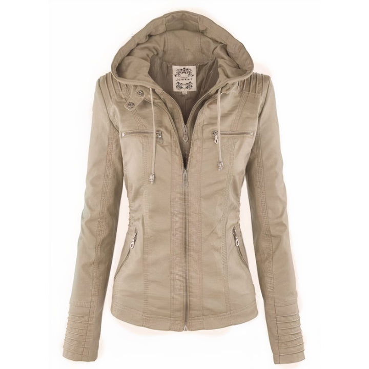 Women's Hooded Moto Faux Leather Jacket Removable Hood - Beige