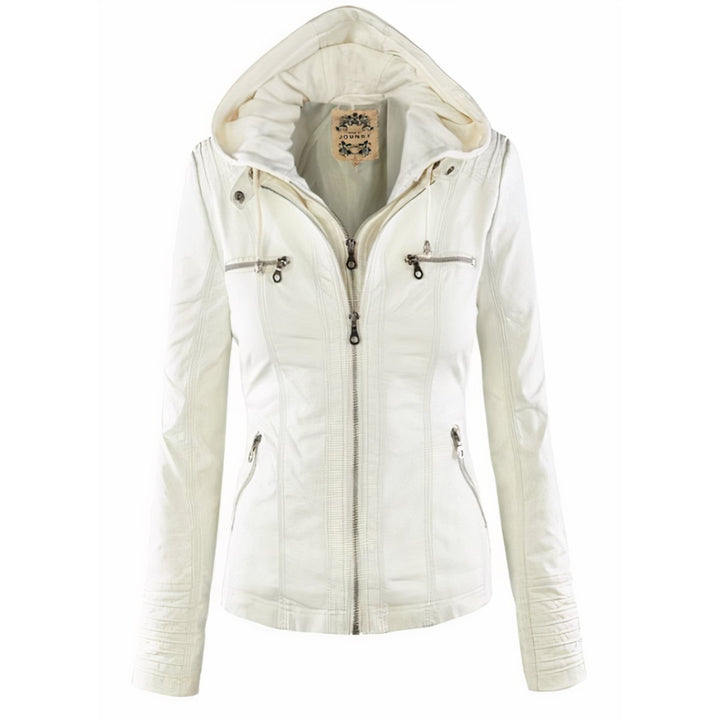 Women's Hooded Moto Faux Leather Jacket Removable Hood - White