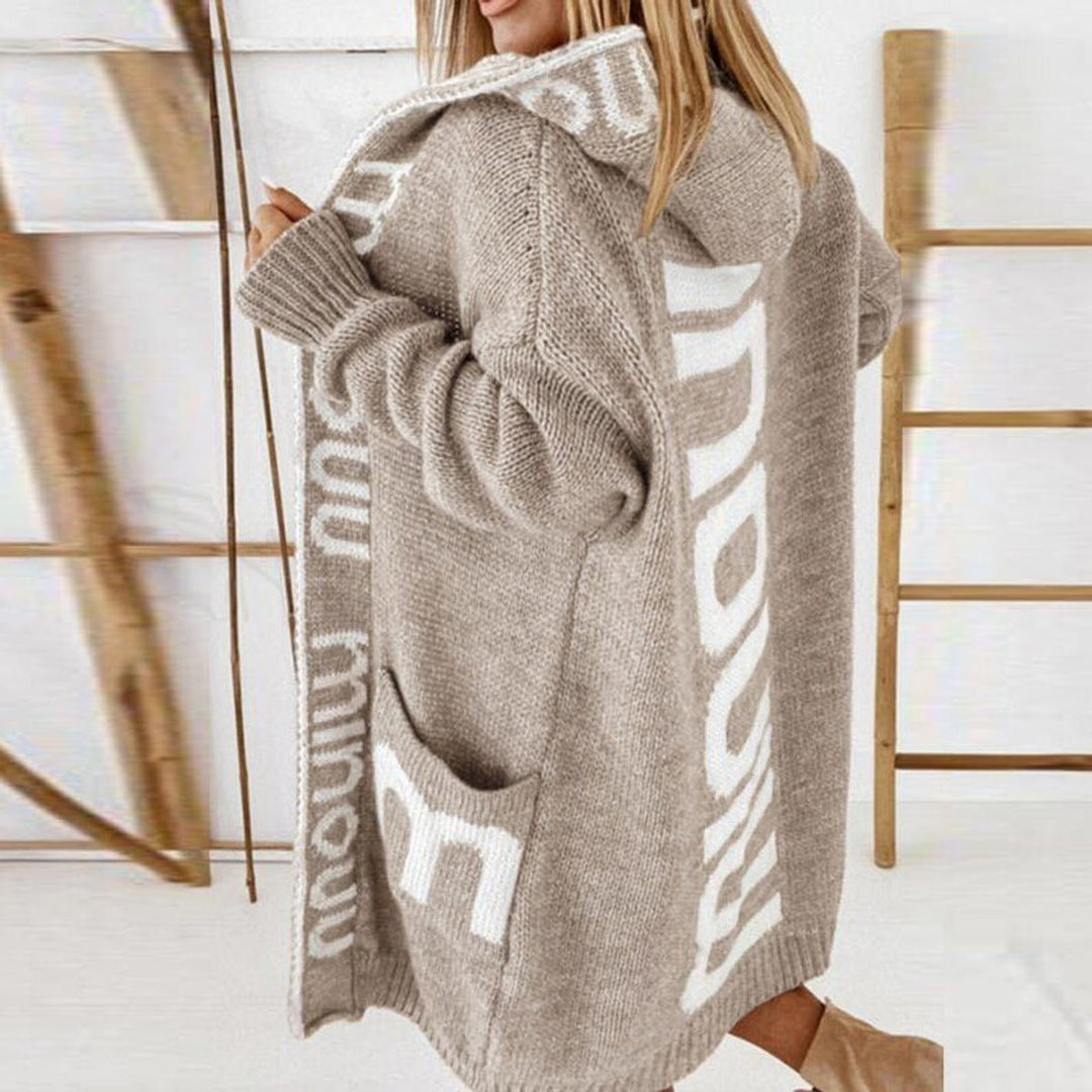 Women's Hooded Open-Front Knit Cardigan Sweater Jacket - Beige
