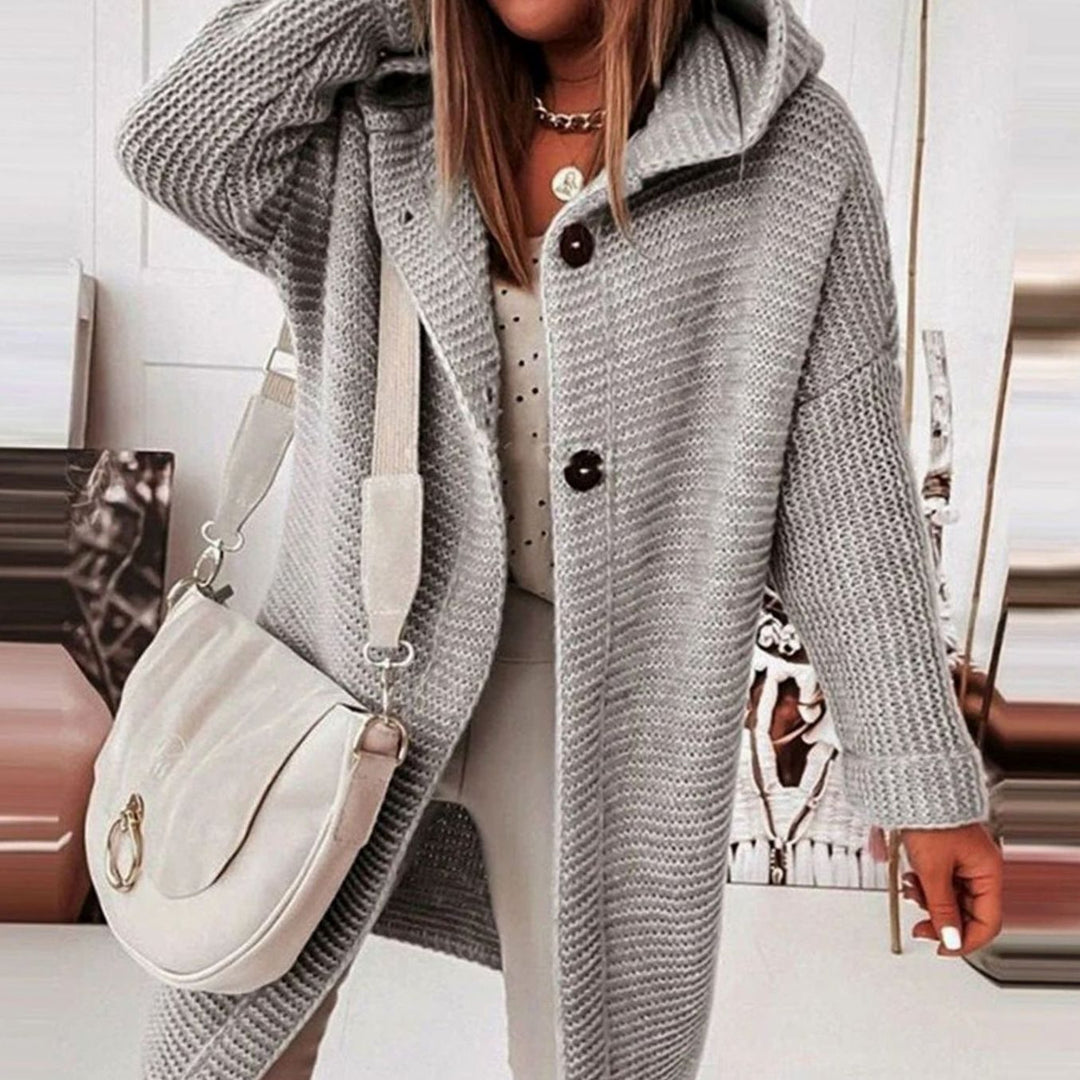 Women's Hooded Open-Front Long Knit Winter Cardigan - Grey