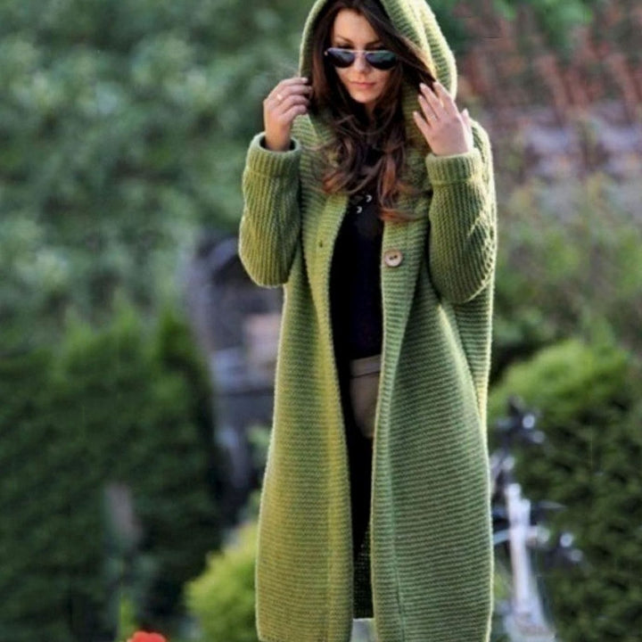 Women's Hooded Open-Front Ribbed Knit Maxi Cardigan - Green