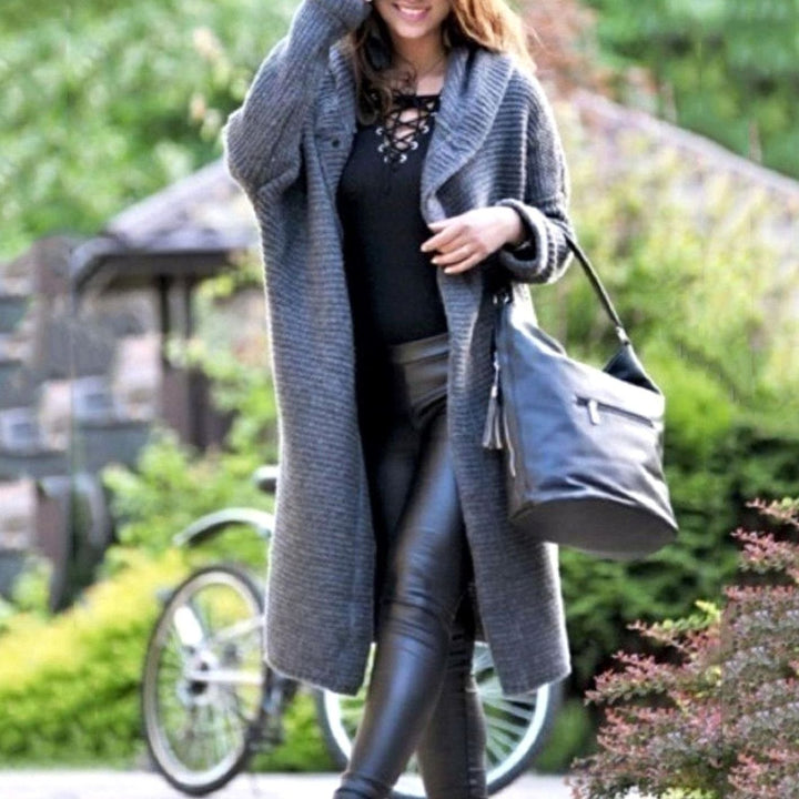 Women's Hooded Open-Front Ribbed Knit Maxi Cardigan - Gray