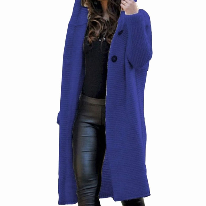 Women's Hooded Open-Front Ribbed Knit Maxi Cardigan - Dark Blue