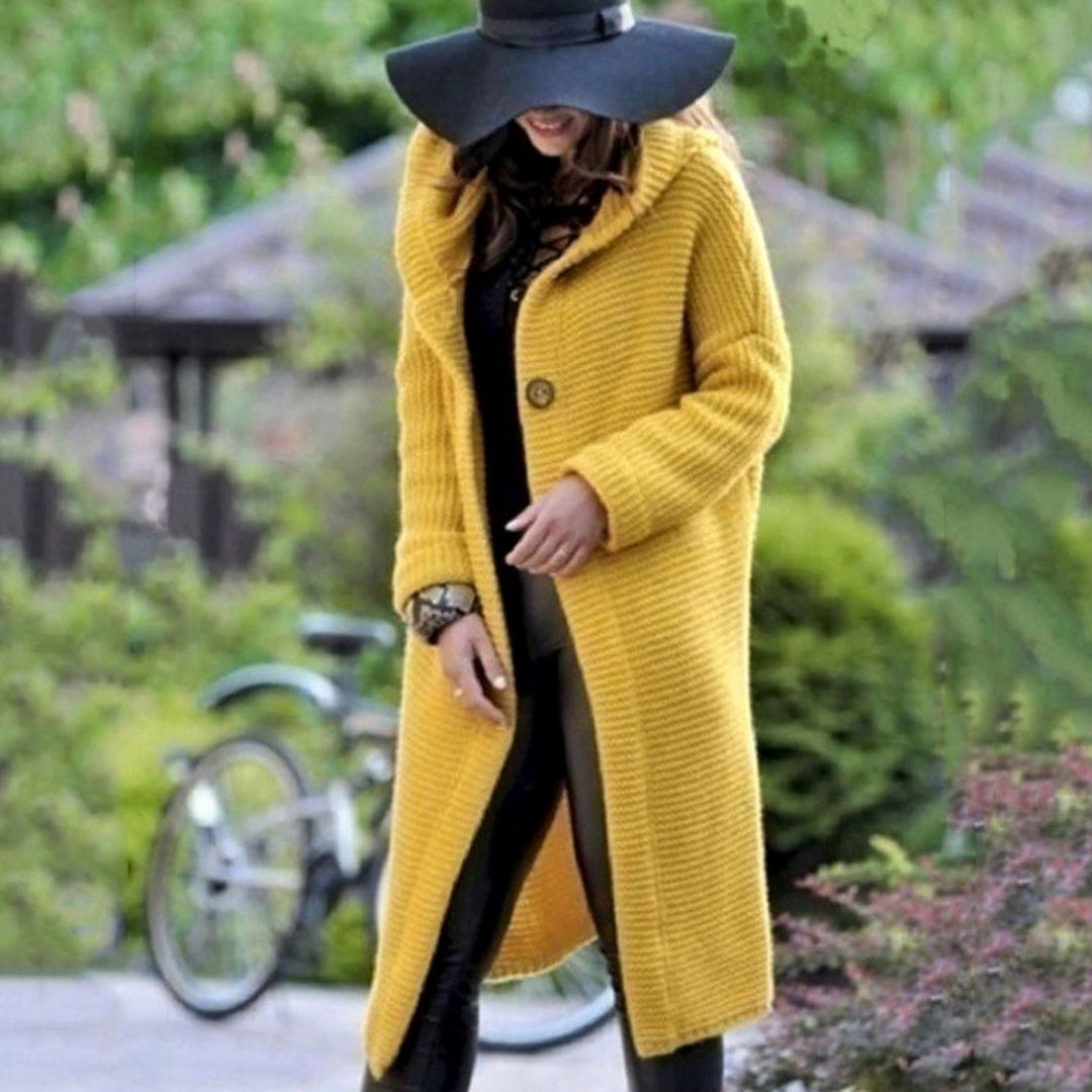 Women's Hooded Open-Front Ribbed Knit Maxi Cardigan - Yellow