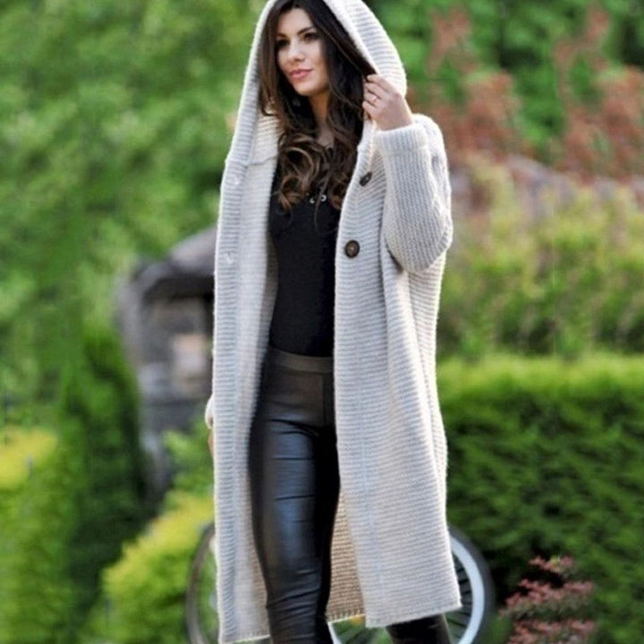 Women's Hooded Open-Front Ribbed Knit Maxi Cardigan - Beige