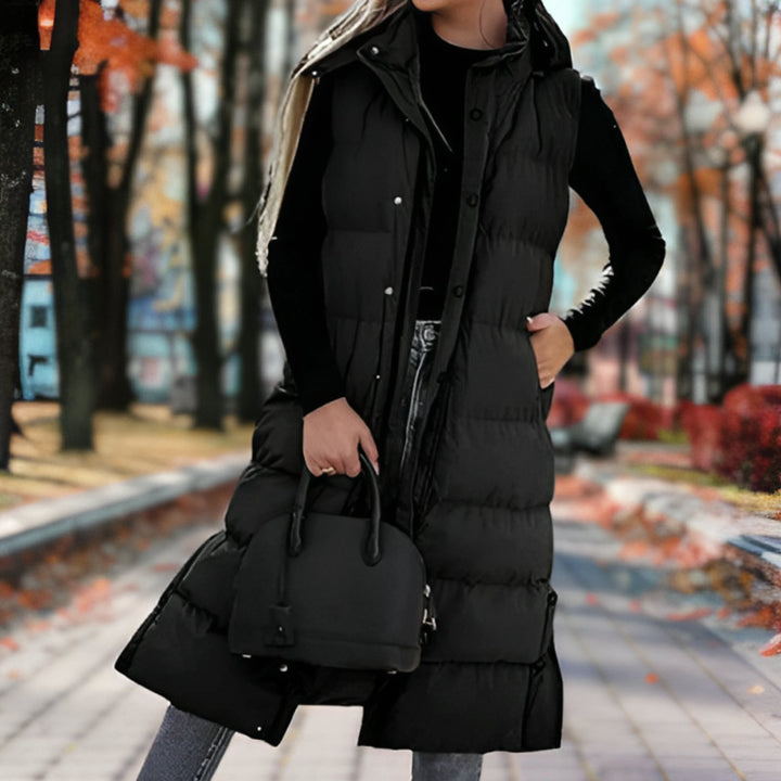 Women's Hooded Padded Sleeveless Long Coat Puffer Vest - Black