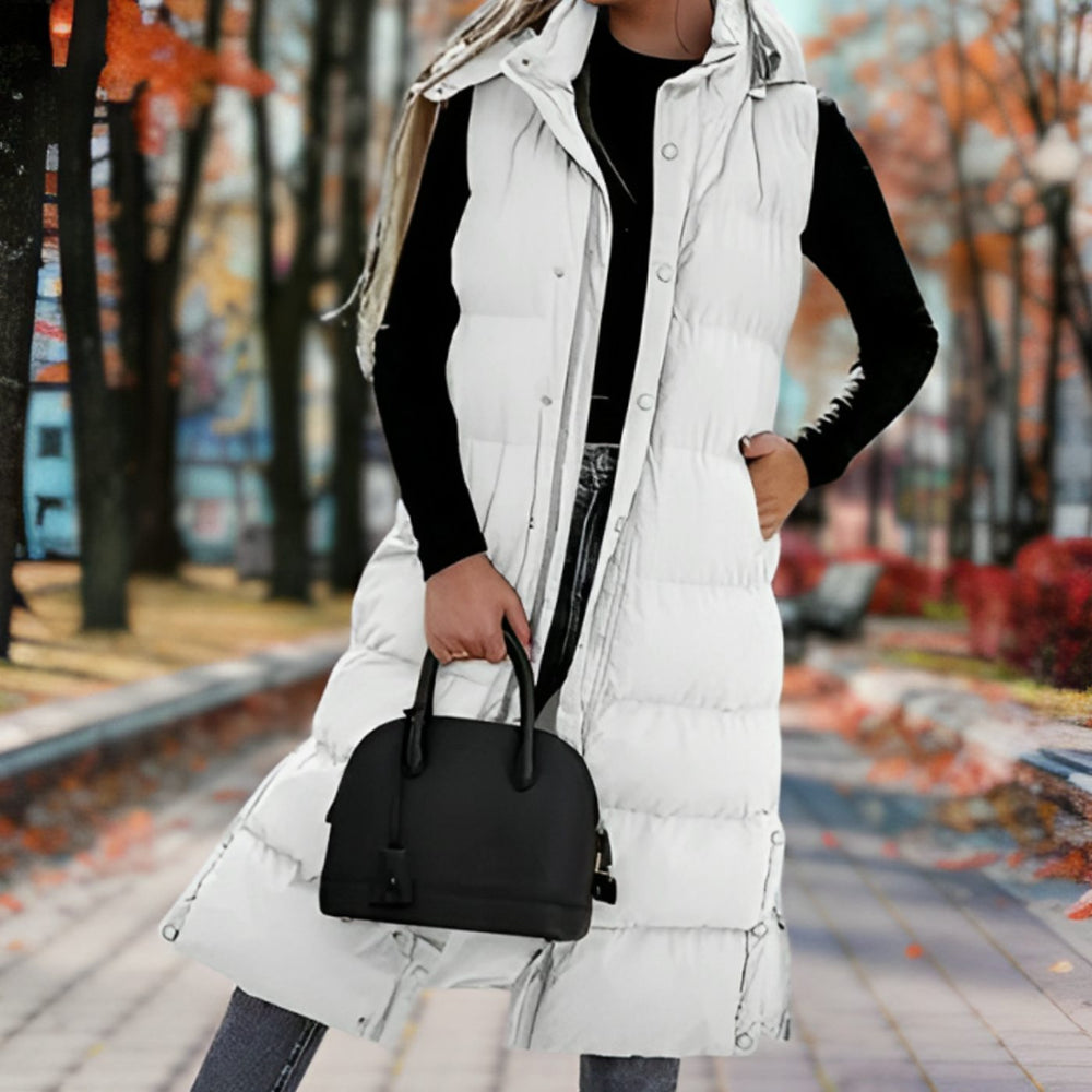 Women's Hooded Padded Sleeveless Long Coat Puffer Vest - White