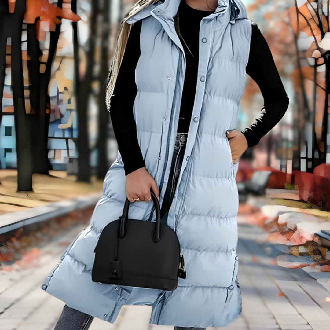 Women's Hooded Padded Sleeveless Long Coat Puffer Vest - Light Blue