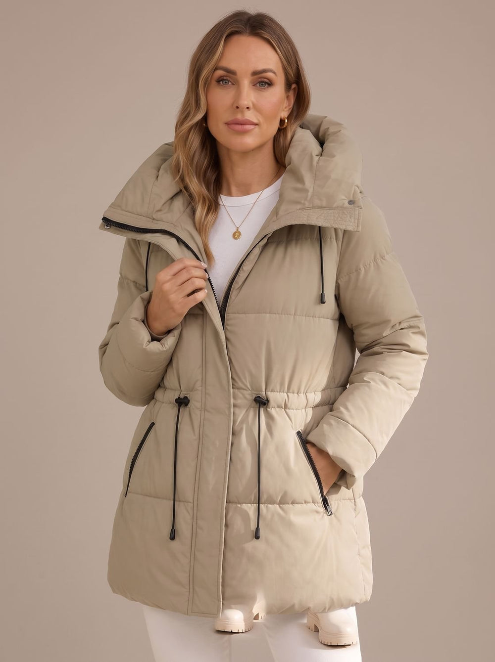 Women's Hooded Puffer Jacket Drawstring-Waist Quilted Coat - Beige
