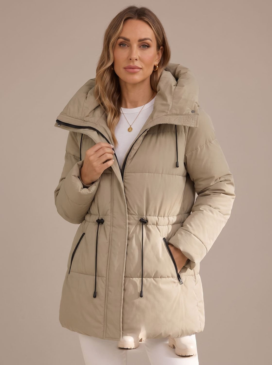 Women's Hooded Puffer Jacket Drawstring-Waist Quilted Coat - Beige