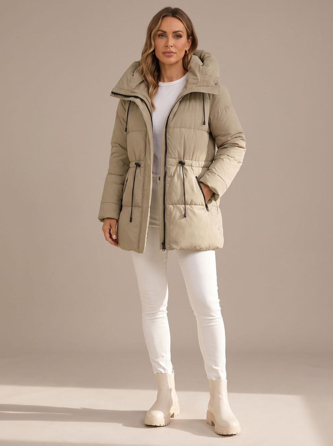 Women's Hooded Puffer Jacket Drawstring-Waist Quilted Coat