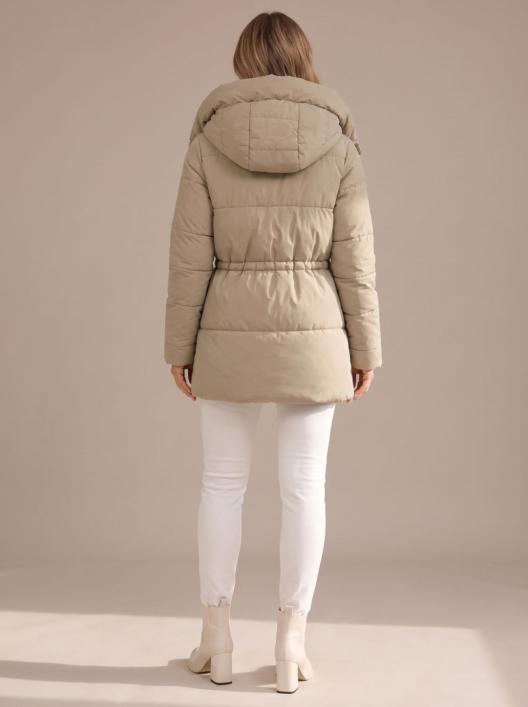 Women's Hooded Puffer Jacket Drawstring-Waist Quilted Coat