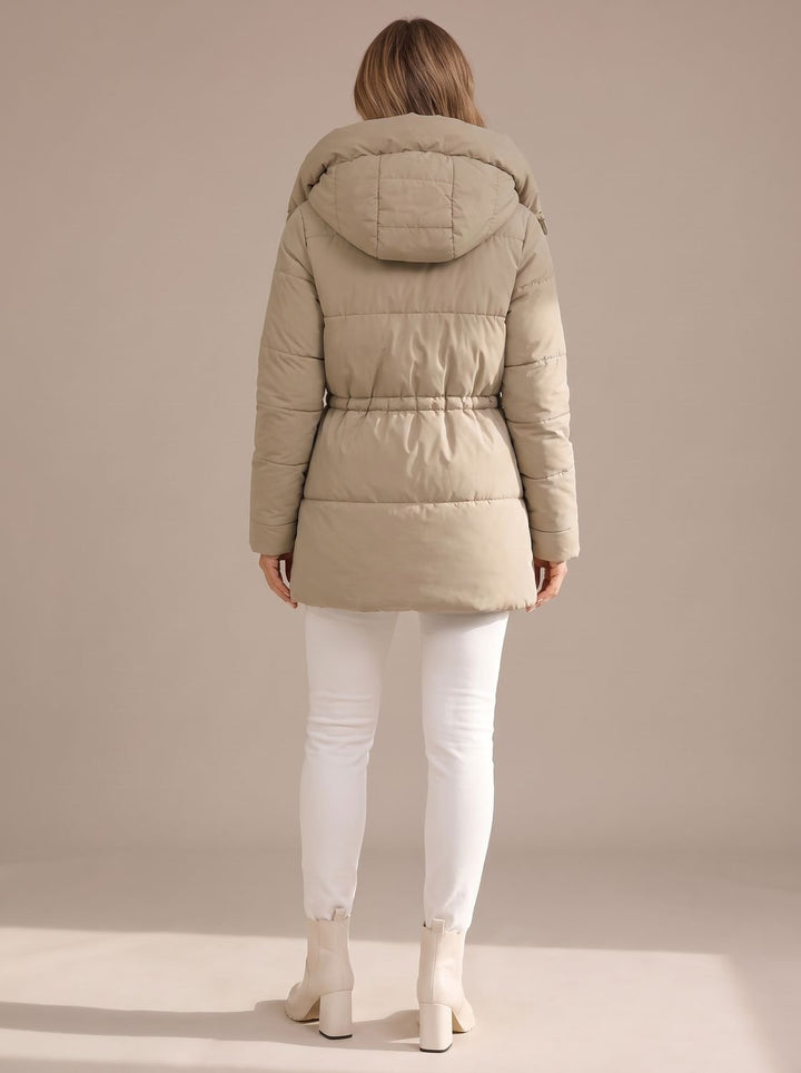 Women's Hooded Puffer Jacket Drawstring-Waist Quilted Coat