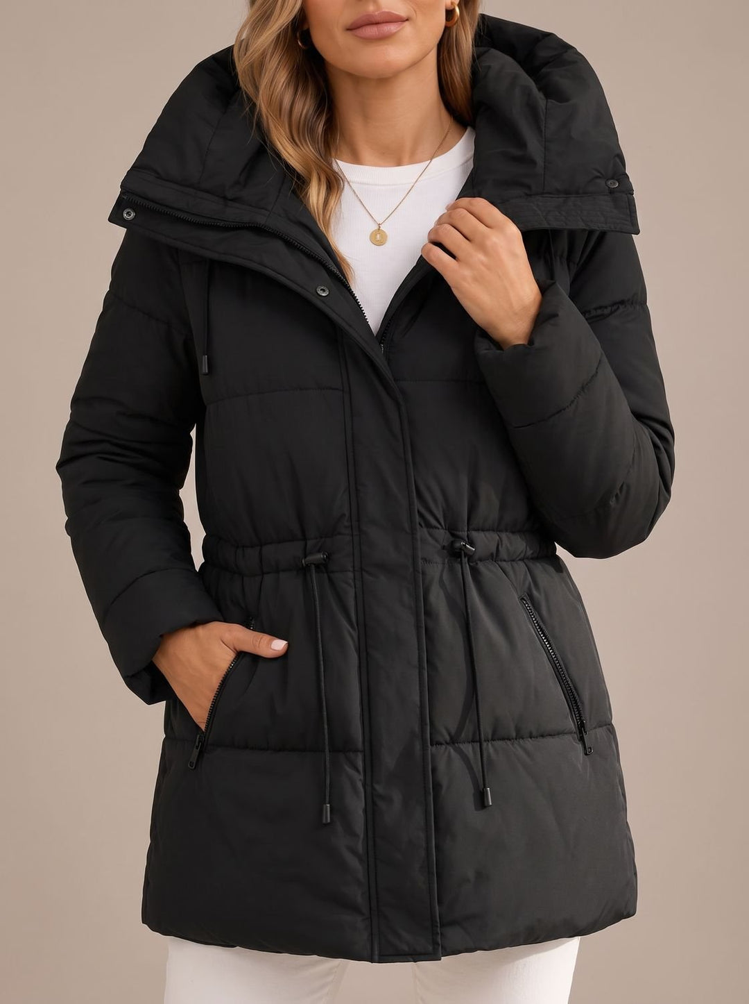 Women's Hooded Puffer Jacket Drawstring-Waist Quilted Coat - Black