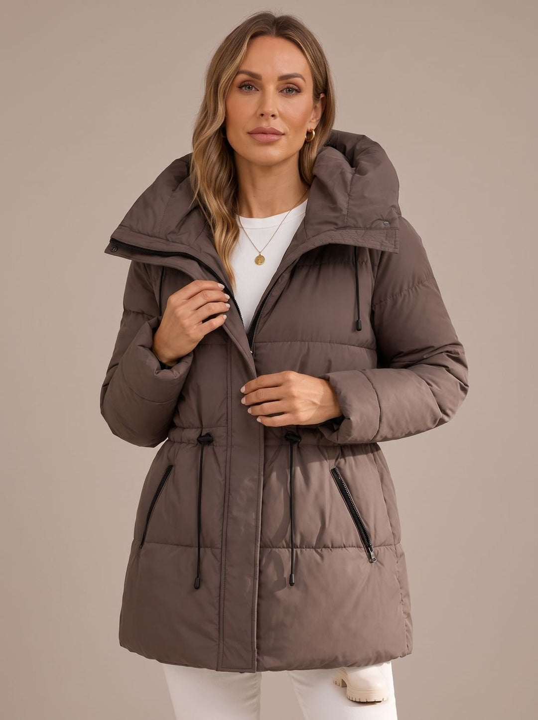 Women's Hooded Puffer Jacket Drawstring-Waist Quilted Coat - Brown