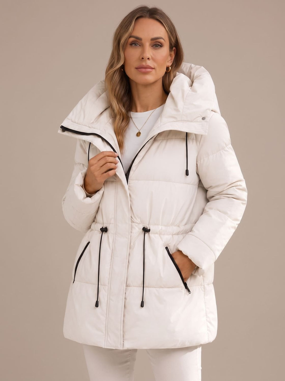 Women's Hooded Puffer Jacket Drawstring-Waist Quilted Coat - White