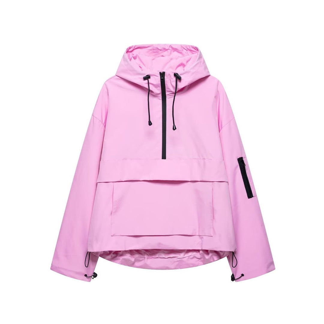 Women's Hooded Pullover Anorak Quilted Jacket Half-Zip - Rose Pink