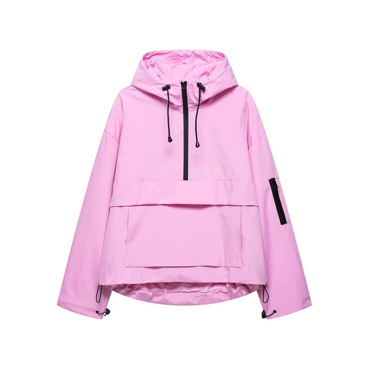 Women's Hooded Pullover Anorak Quilted Jacket Half-Zip - Rose Pink