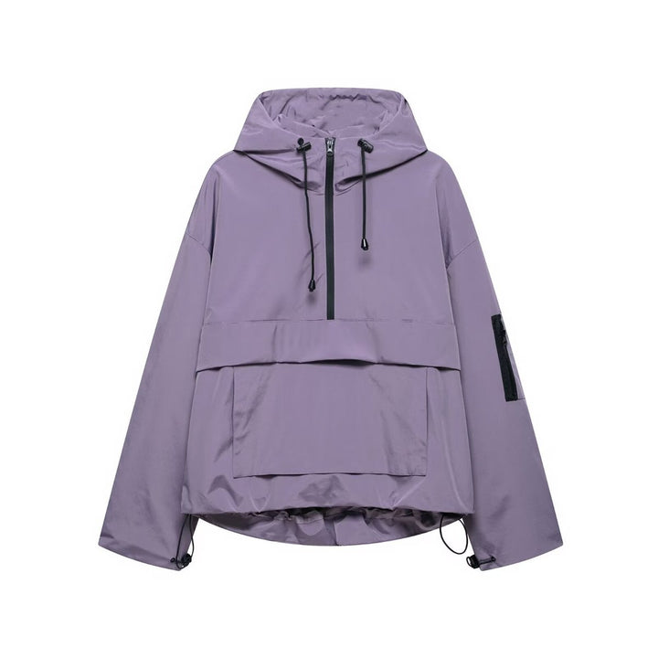 Women's Hooded Pullover Anorak Quilted Jacket Half-Zip - Purple
