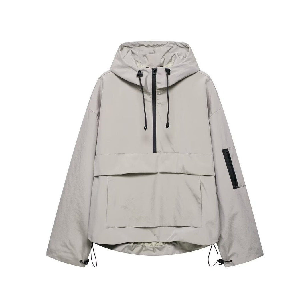 Women's Hooded Pullover Anorak Quilted Jacket Half-Zip - Gray