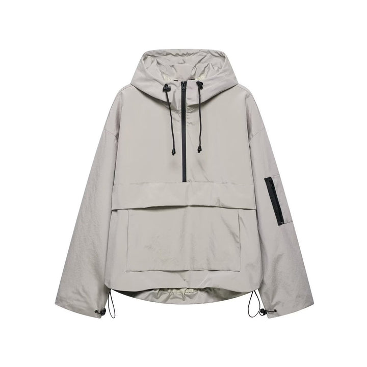Women's Hooded Pullover Anorak Quilted Jacket Half-Zip - Gray