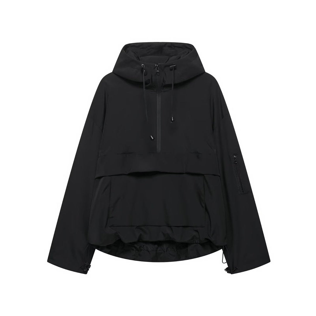Women's Hooded Pullover Anorak Quilted Jacket Half-Zip - Black