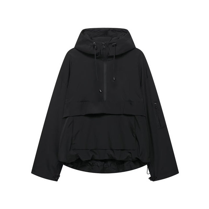 Women's Hooded Pullover Anorak Quilted Jacket Half-Zip - Black