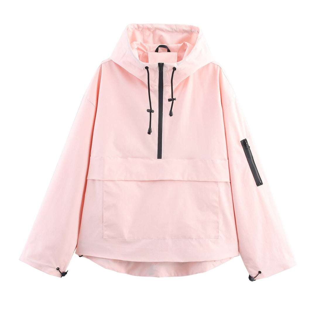 Women's Hooded Pullover Anorak Quilted Jacket Half-Zip - Light Pink