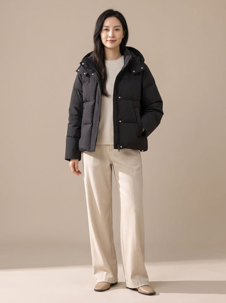 Women's Hooded Quilted Down-Fill Puffer Jacket Loose Fit - Classic Black