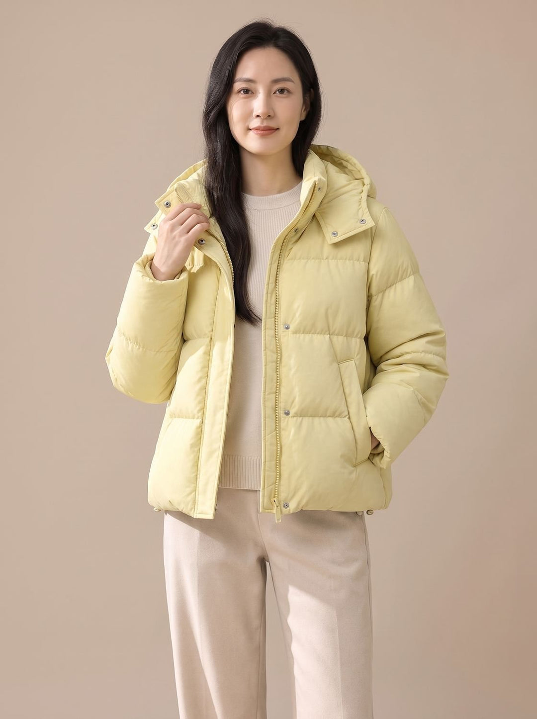 Women's Hooded Quilted Down-Fill Puffer Jacket Loose Fit - Creamy Yellow