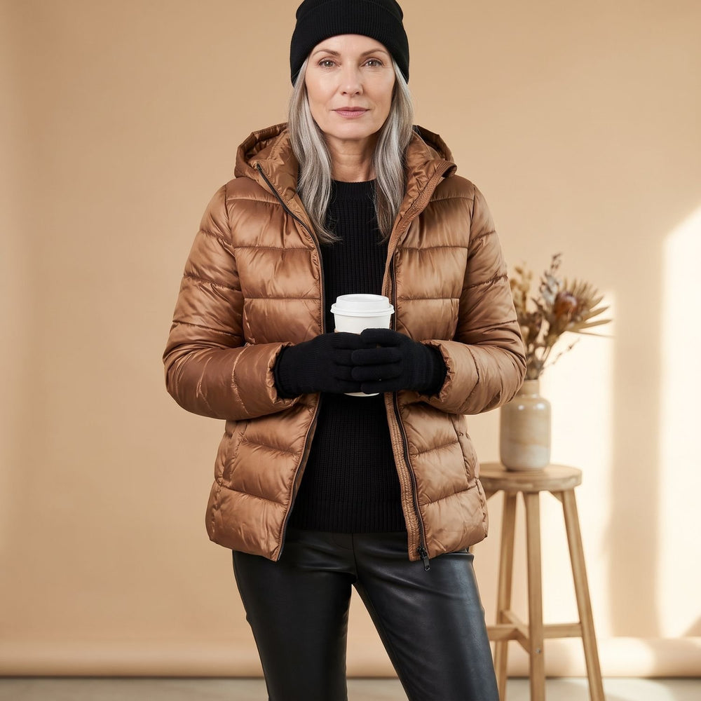 Women's Hooded Quilted Longline Puffer Jacket - Beige