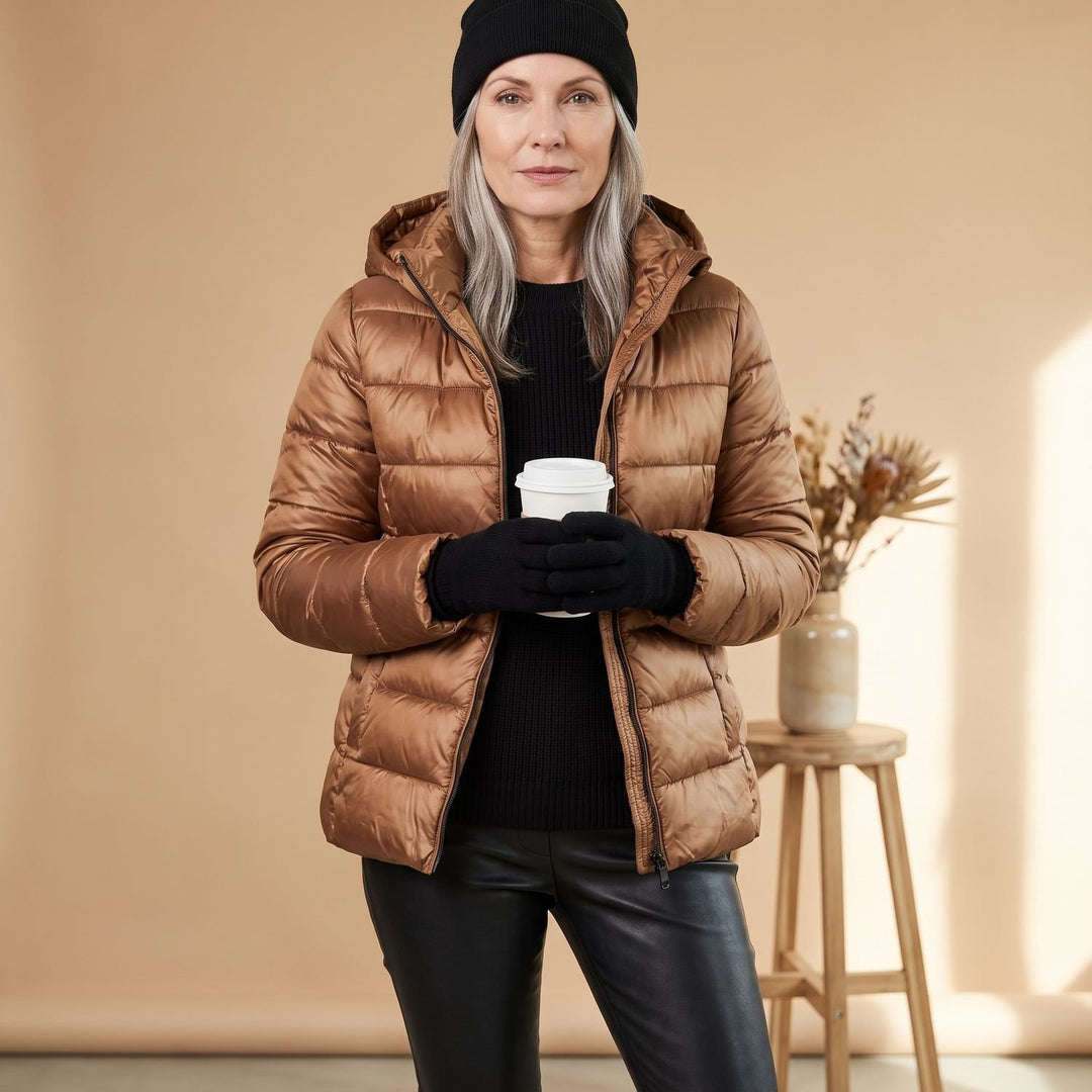 Women's Hooded Quilted Longline Puffer Jacket - Beige