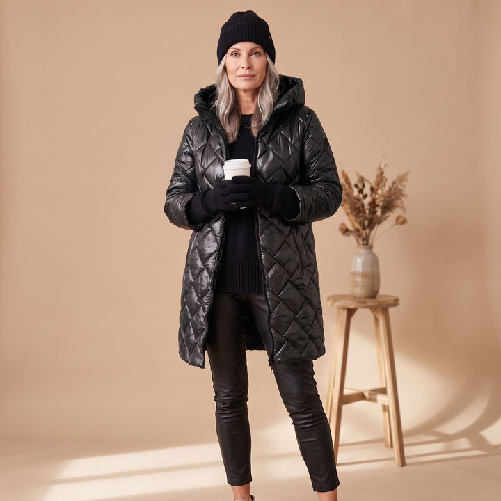 Women's Hooded Quilted Longline Puffer Jacket - Black