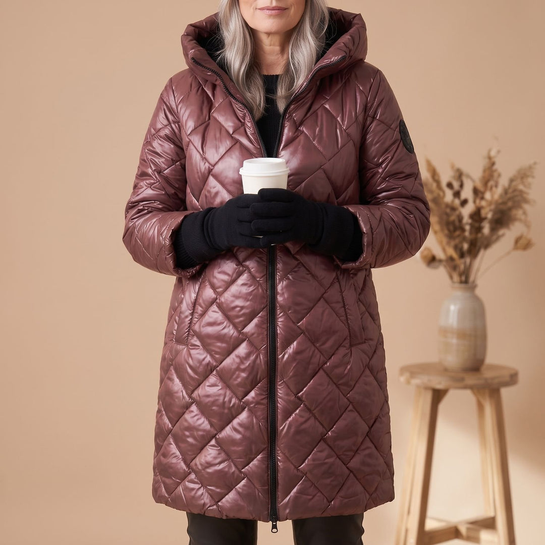 Women's Hooded Quilted Longline Puffer Jacket - Coffee