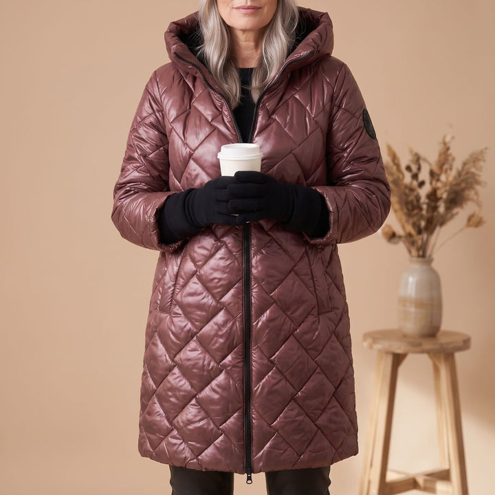 Women's Hooded Quilted Longline Puffer Jacket - Coffee