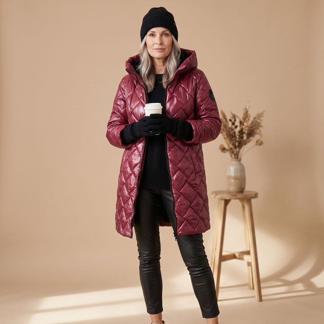 Women's Hooded Quilted Longline Puffer Jacket - Red