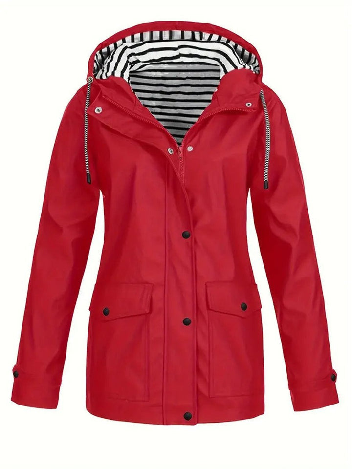 Women's Hooded Striped-Lined Zip-Up Waterproof Rain Coat - Red