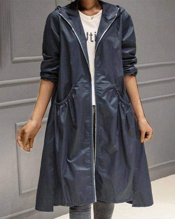 Women's Hooded Waterproof Long Trench Coat Zip-Up - Navy Blue